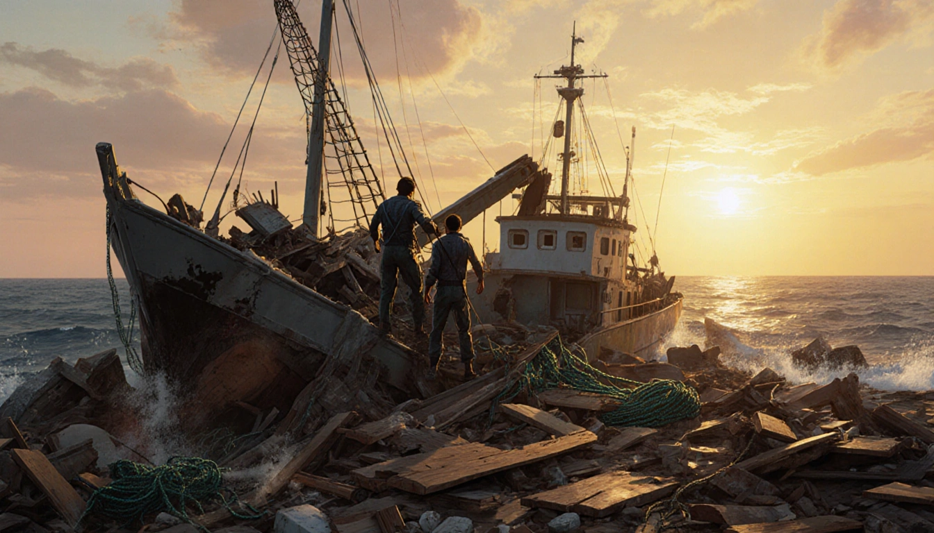 Two survivors clinging to wreckage with shattered planks and tangled nets under a golden sunset.