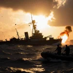 Lifeboat drifts away from wreckage with survivors searching for loved ones near ominous navy ships on Pacific horizon