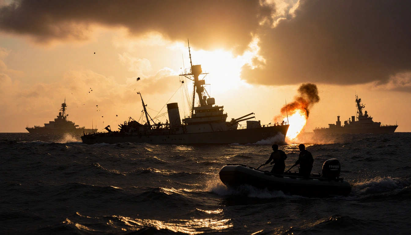 Lifeboat drifts away from wreckage with survivors searching for loved ones near ominous navy ships on Pacific horizon