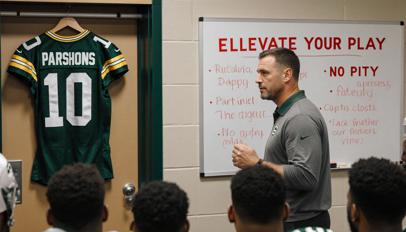 Coach LaFleur addresses team with whiteboard behind him and defensive line in background