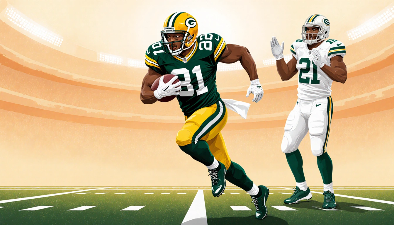 Josh Jacobs sprinting toward the end zone with Christian Watson cheering him and a bandaged knee hinting injury recovery