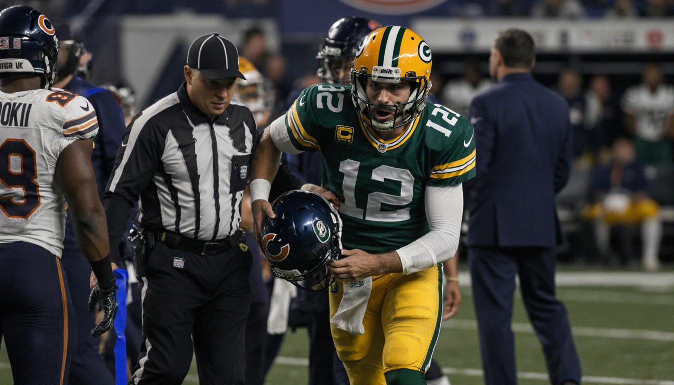 Jordan Love is being helped off the field with helmet and a shocked look during football injury while Bears bench appears thr