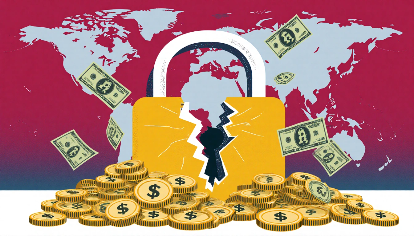 Padlock showing cracked keyhole and exposed gears with overflowing coins and bills near a blurred globe.
