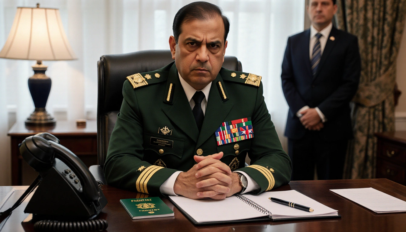 Pakistani official sits behind polished desk with British passport and badge and blurred deputy high commissioner in backgrou
