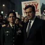 Pakistani army chief standing with UK diplomat and amid tense Bradford rally protesters holding banners.