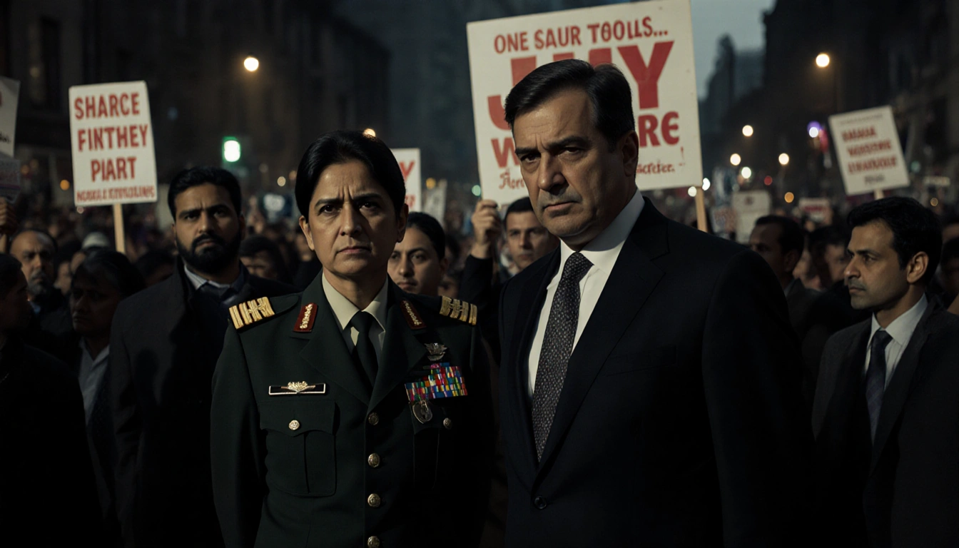 Pakistani army chief standing with UK diplomat and amid tense Bradford rally protesters holding banners.