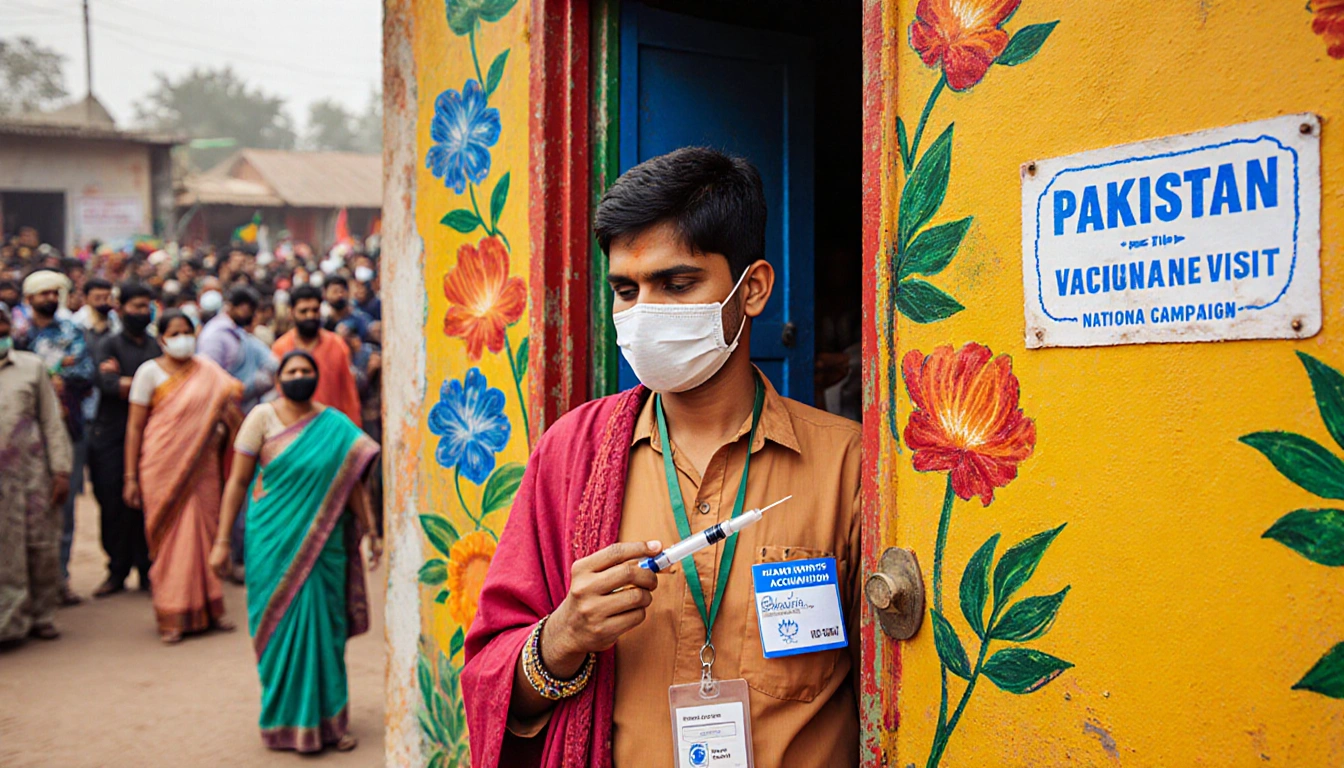 Health worker in traditional outfit giving a vaccine syringe with a colorful door and a blurred crowd.