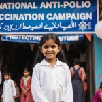 Young Pakistani girl stands proudly in front of a colorful polio vaccination center with a flag and a banner reading Protecti