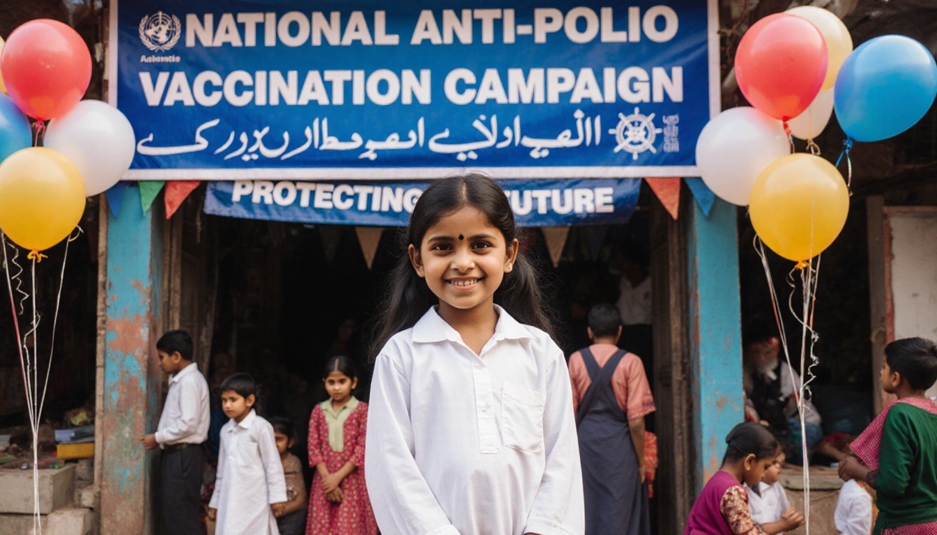 Young Pakistani girl stands proudly in front of a colorful polio vaccination center with a flag and a banner reading Protecti