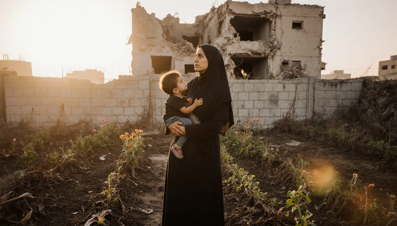 Young Palestinian woman hugging her child with wilted garden and a damaged building in background