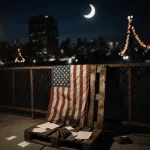 Wooden pallet leaning against rusty fence with faded flag draped over it and streetlamp casting nostalgic shadows documents