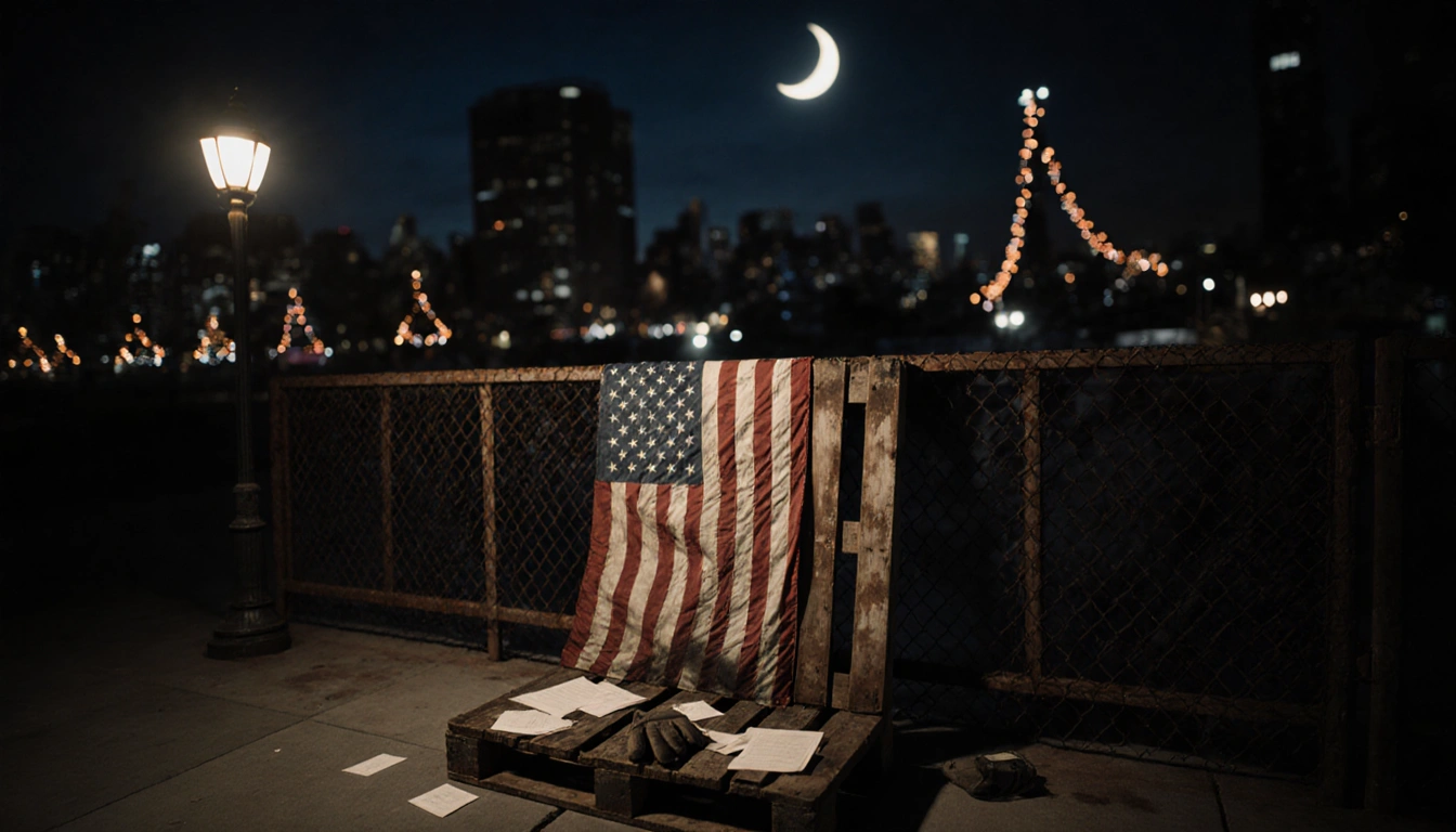 Wooden pallet leaning against rusty fence with faded flag draped over it and streetlamp casting nostalgic shadows documents