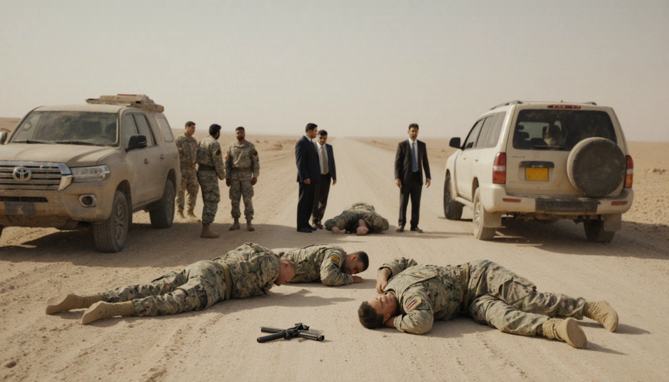Bodies of two Iowa guards and a Michigan interpreter lie on a dusty desert road with a guard clutching a gun in shock.