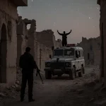 Lone figure standing in dimly lit Palmyra street gazing down a narrow alley with an ISIS gunman between him and a dark patrol