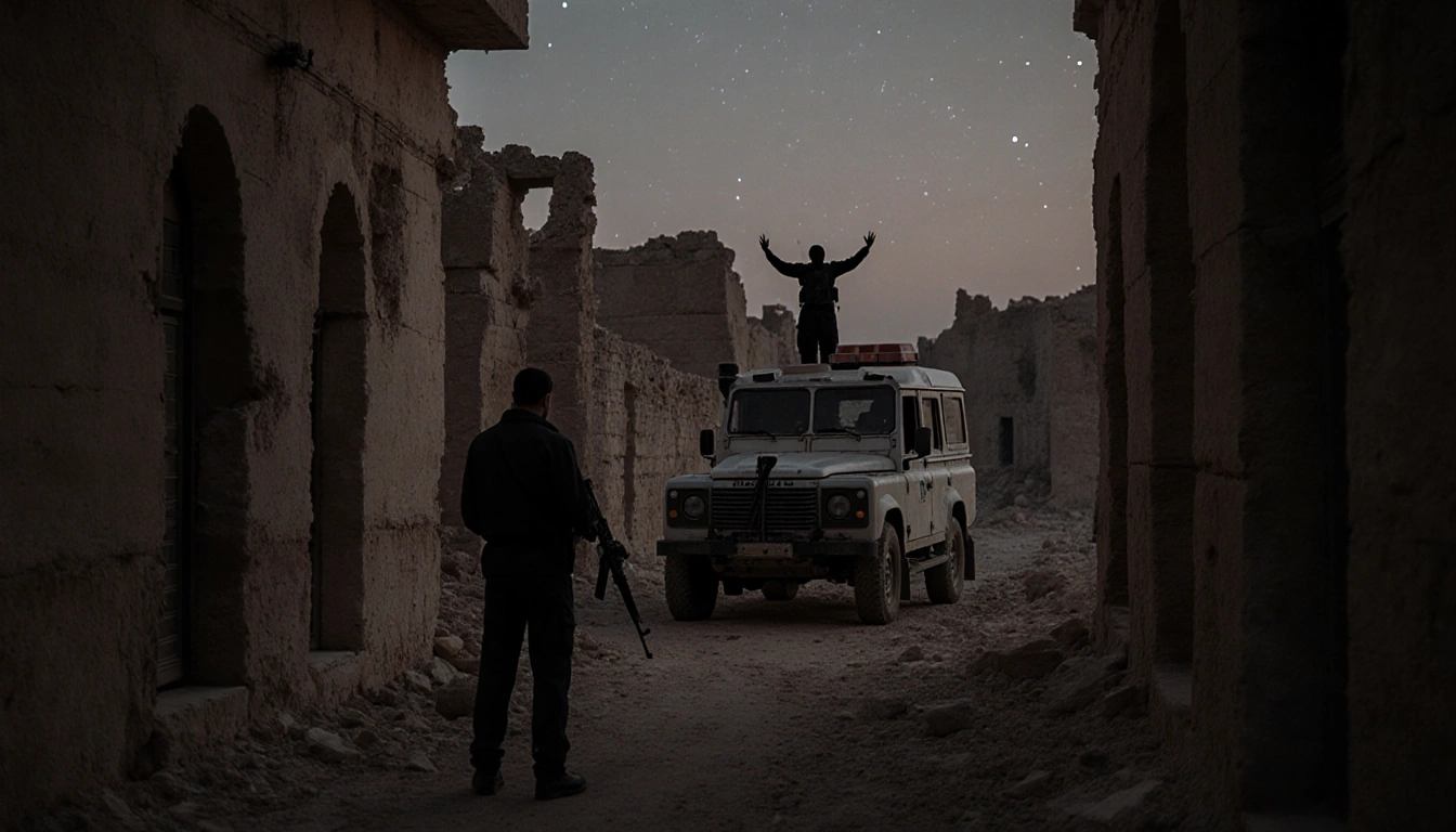 Lone figure standing in dimly lit Palmyra street gazing down a narrow alley with an ISIS gunman between him and a dark patrol