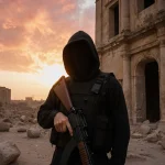 Security guard standing in Palmyra at dusk with orange pink sky and scattered stones near a worn beige building