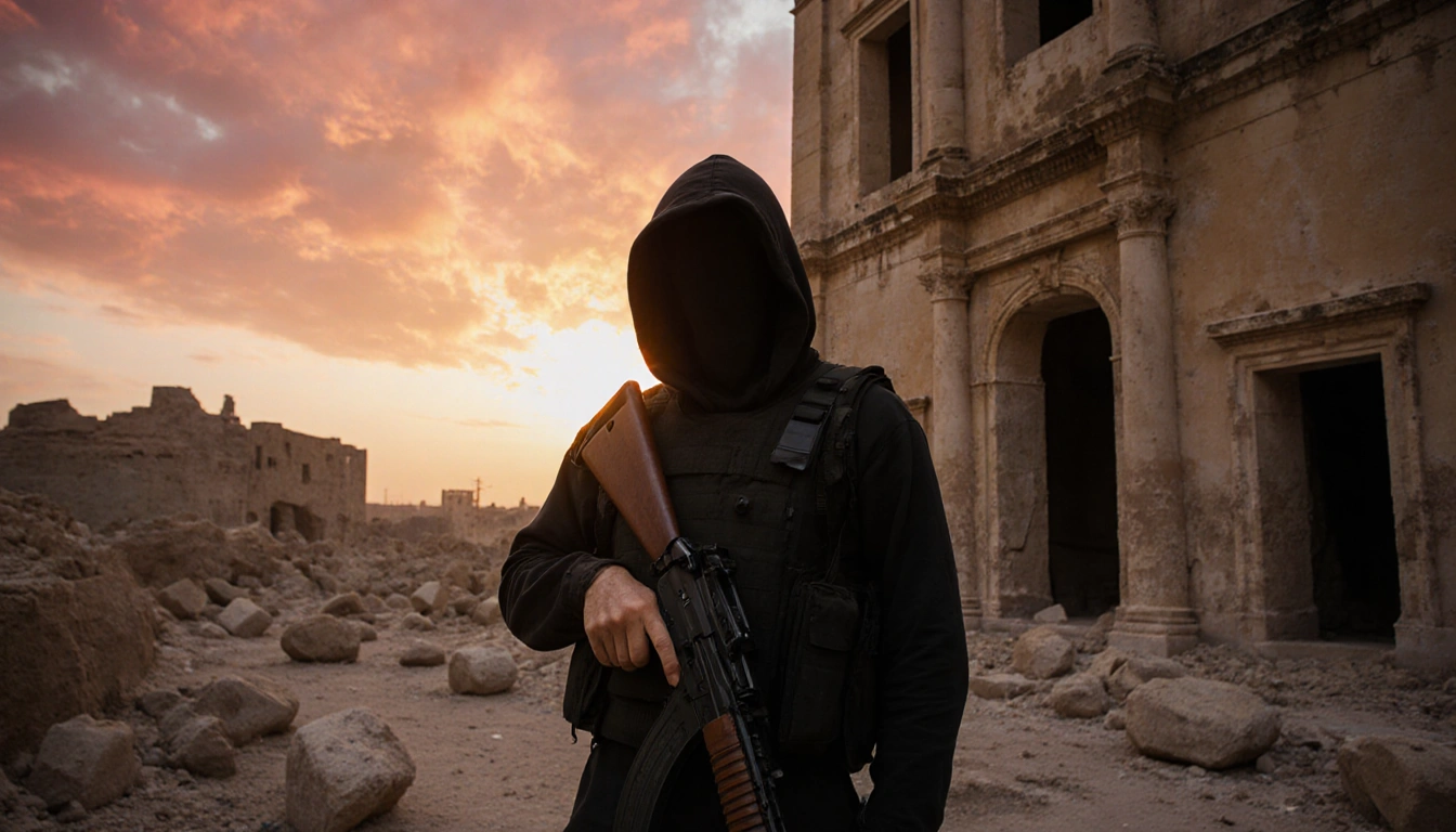Security guard standing in Palmyra at dusk with orange pink sky and scattered stones near a worn beige building