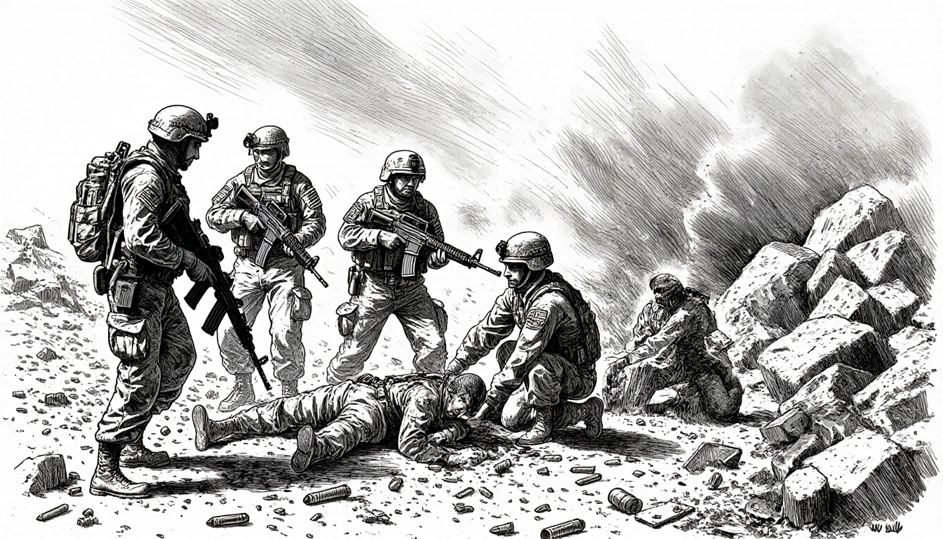 US and Syrian patrol under fire with bullets and debris while comrades provide medical aid