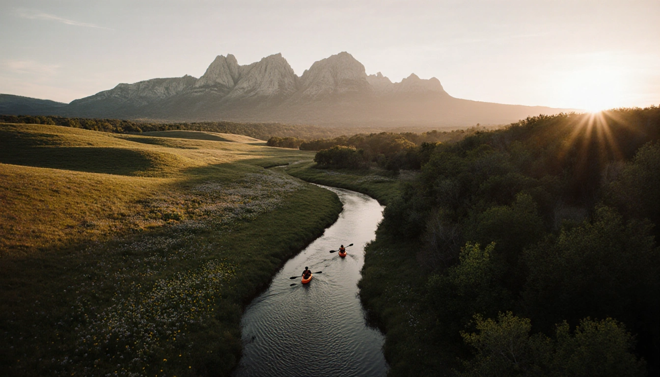 Kayakers paddling through a calm creek with wildflower hills and misty Palo Pinto Mountains in the background