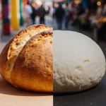 Artisanal Mexican pan de molino contrasts with dull white roll with vibrant street art market background
