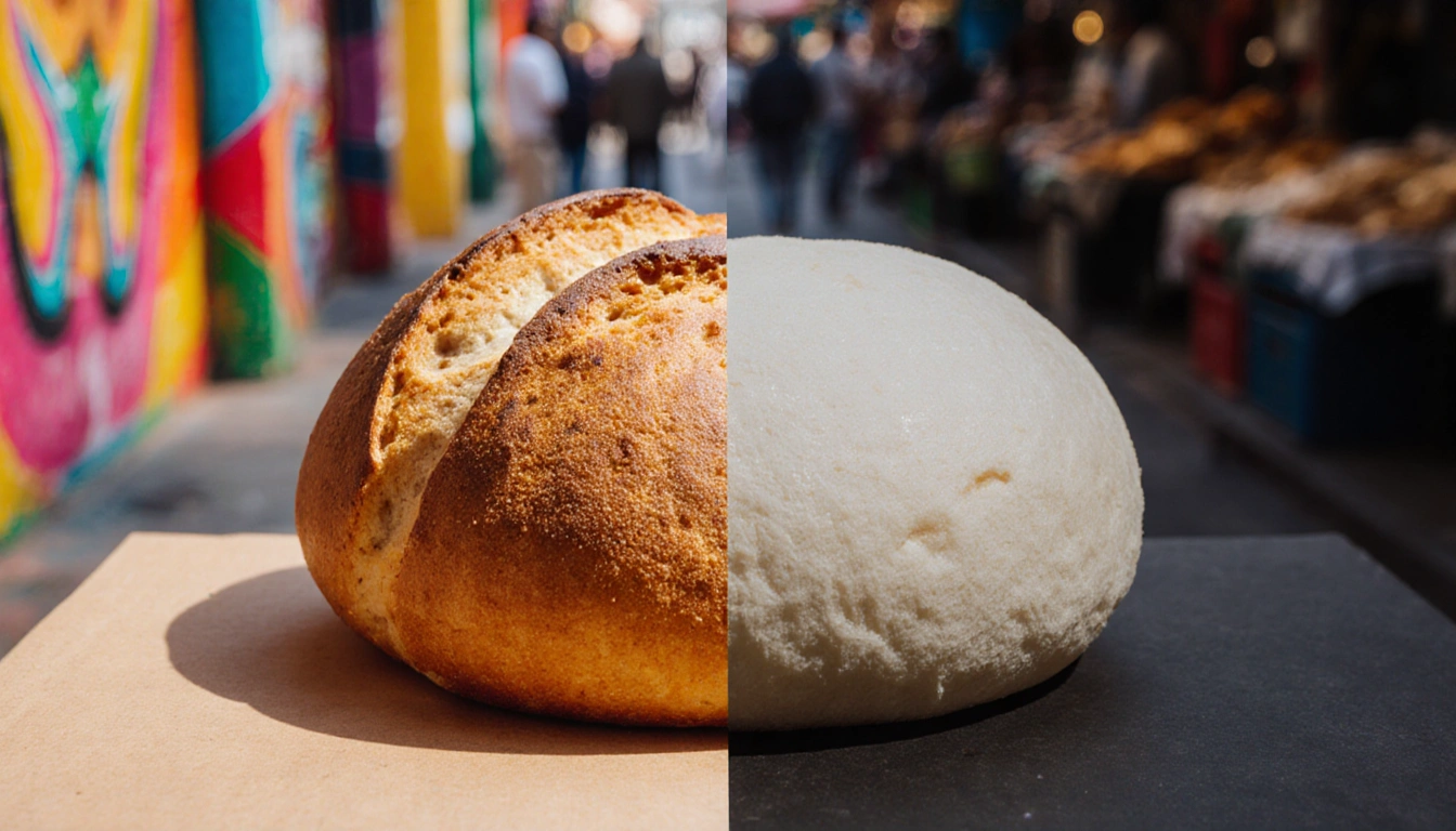 Artisanal Mexican pan de molino contrasts with dull white roll with vibrant street art market background