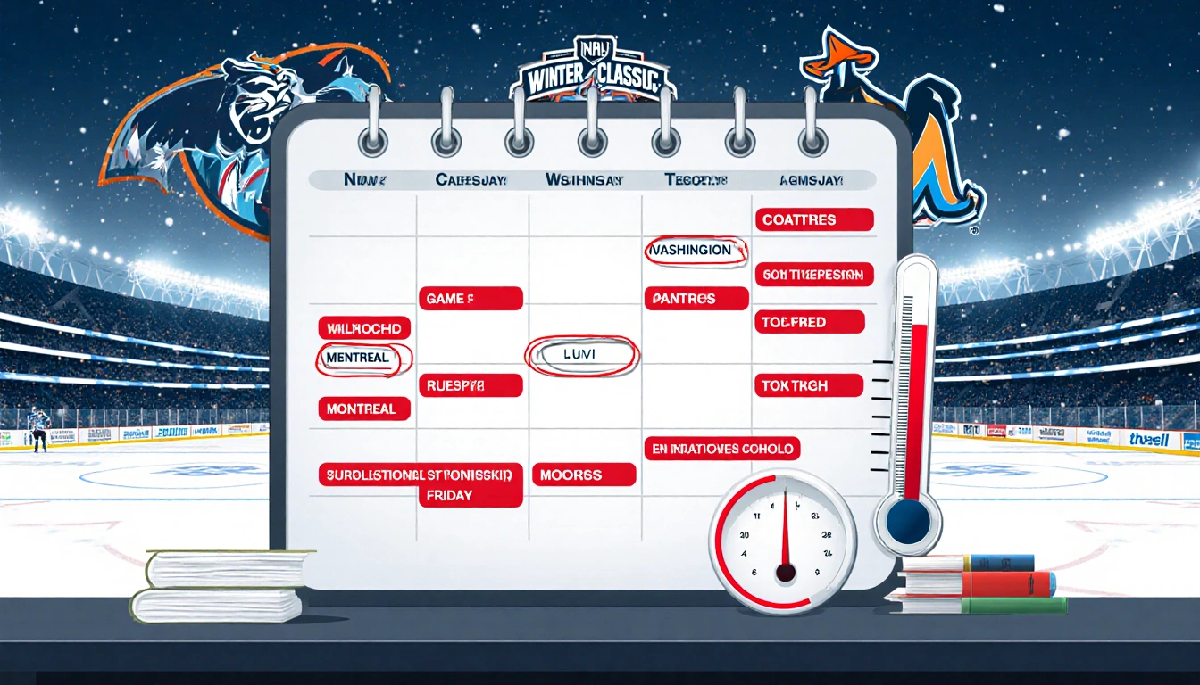 Schedule board showing red highlighted home games and rising thermometer in Winter Classic backdrop with Marlins ballpark hin
