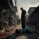 Suspect standing over child on bloodstained street during a knife attack with shattered glass and overturned furniture