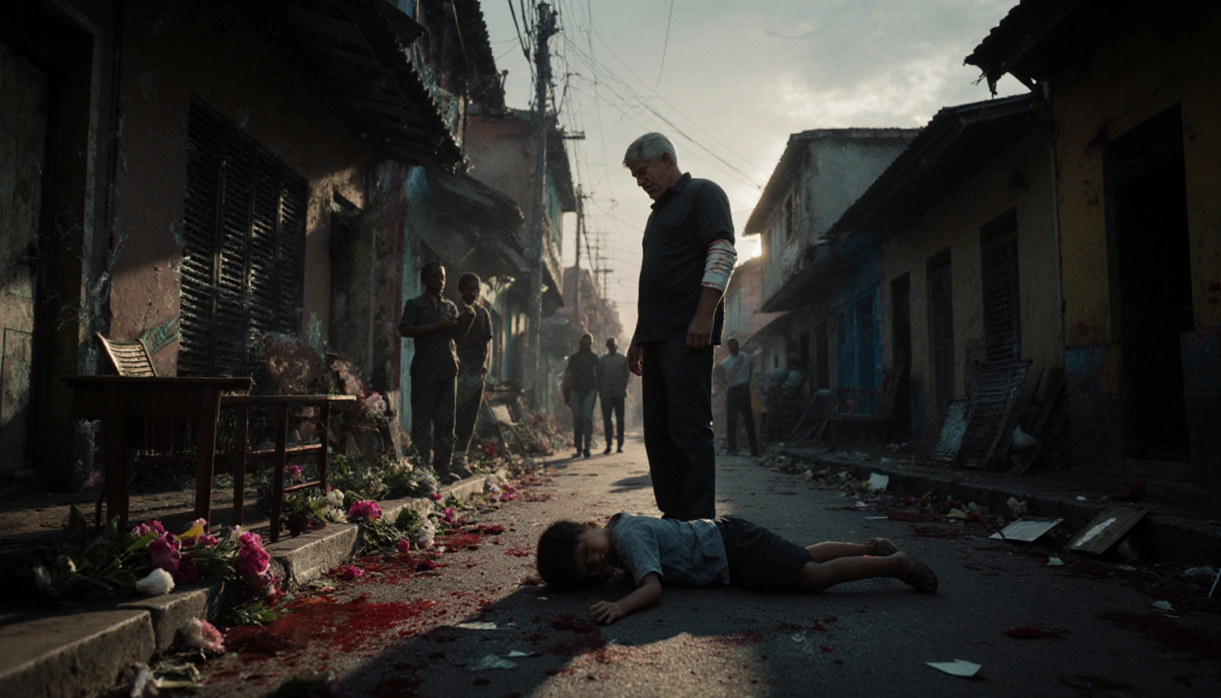 Suspect standing over child on bloodstained street during a knife attack with shattered glass and overturned furniture