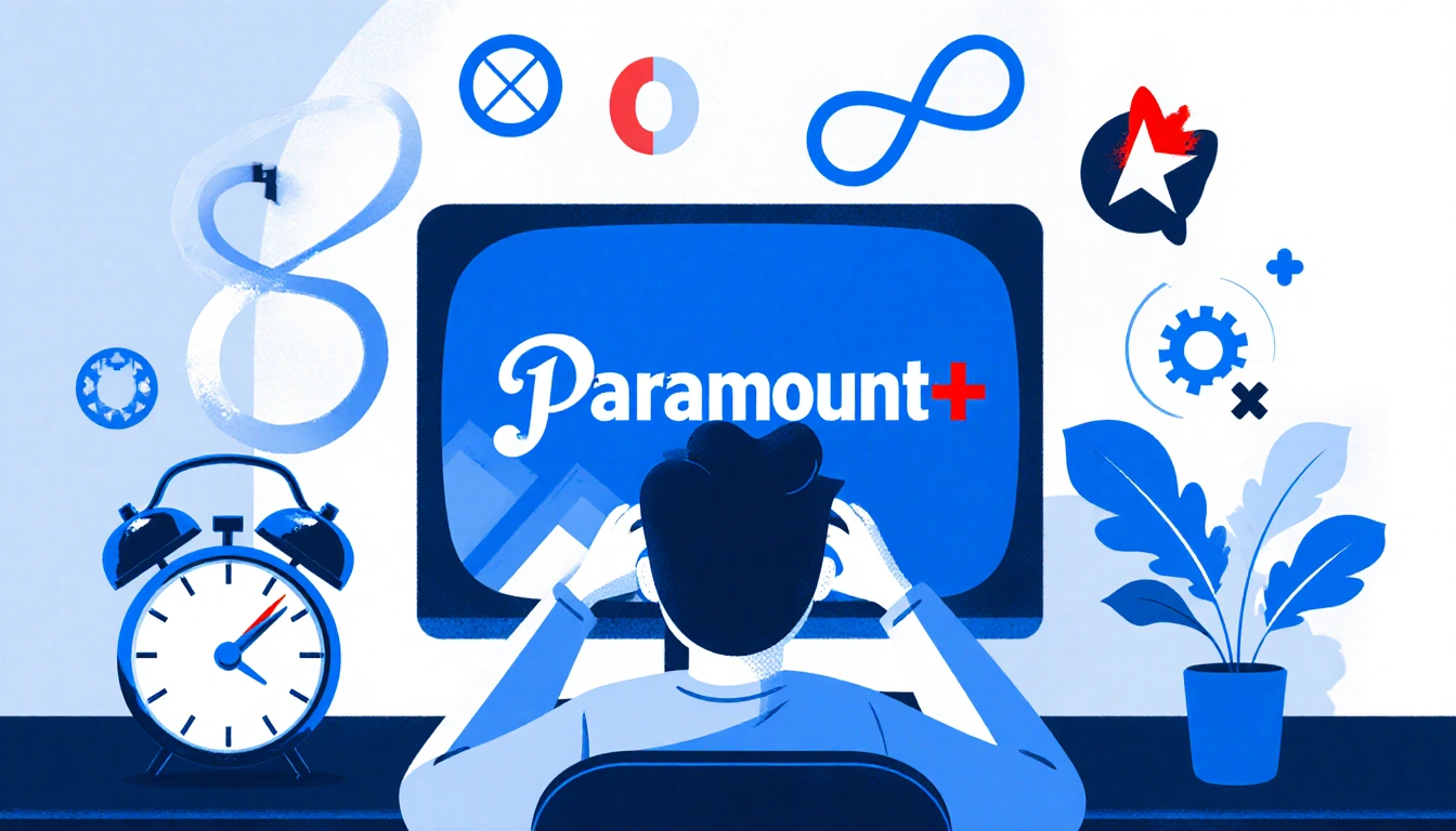 Person sitting in front of screen with Paramount+ logo and clock ticking showing red 0 for free trial