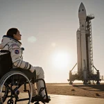 Paraplegic engineer stepping onto launchpad with New Shepard rocket behind her in golden desert light.
