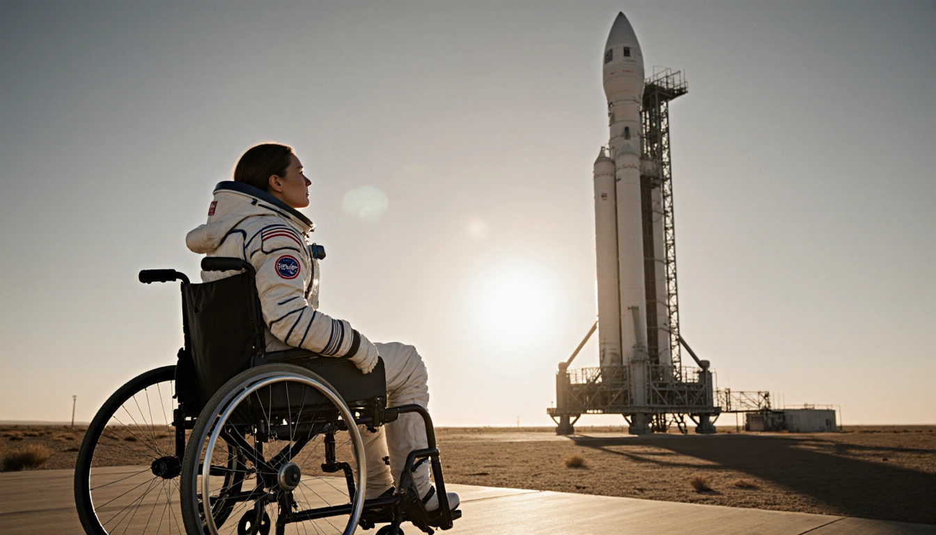 Paraplegic engineer stepping onto launchpad with New Shepard rocket behind her in golden desert light.