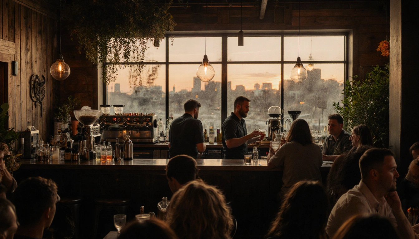 Bartenders crafting cocktails with warm light and a lively crowd in Parley bar.
