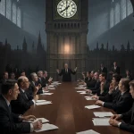 Lawmakers gesturing around a large wooden table with a clock tower glowing at 11:59 PM during an urgent debate