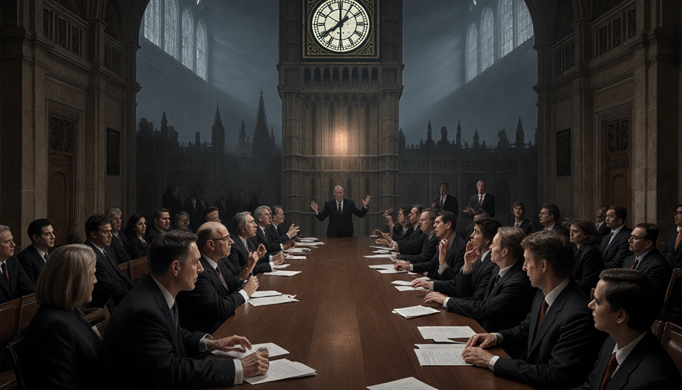 Lawmakers gesturing around a large wooden table with a clock tower glowing at 11:59 PM during an urgent debate