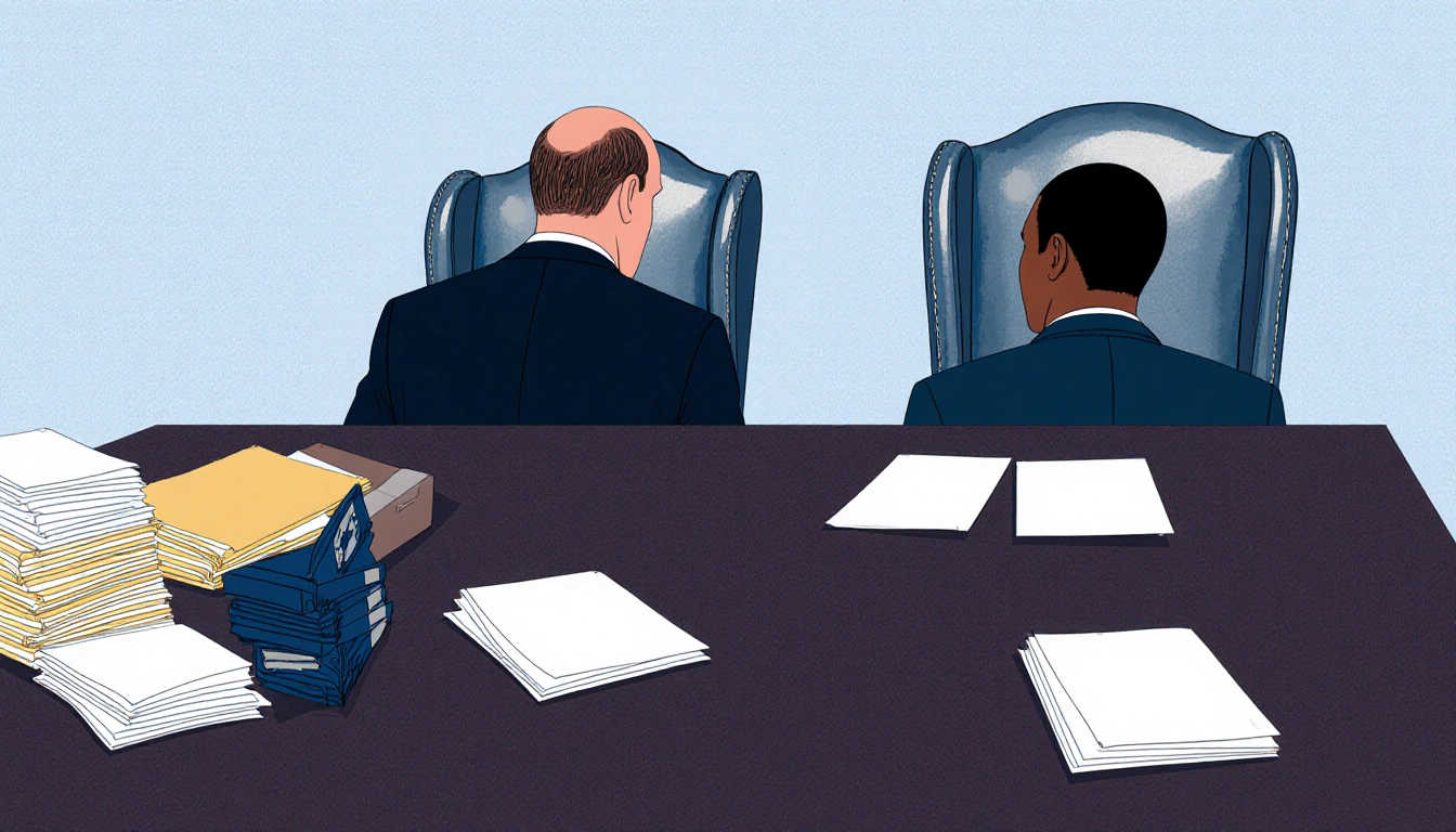 Parliamentary table displays chairs facing opposite directions and piles of papers and folders indicating leadership vacuum.