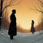 Parson Brown standing alone in a snow-covered forest gazing longingly at a distant silhouette with a warm golden dusk sky