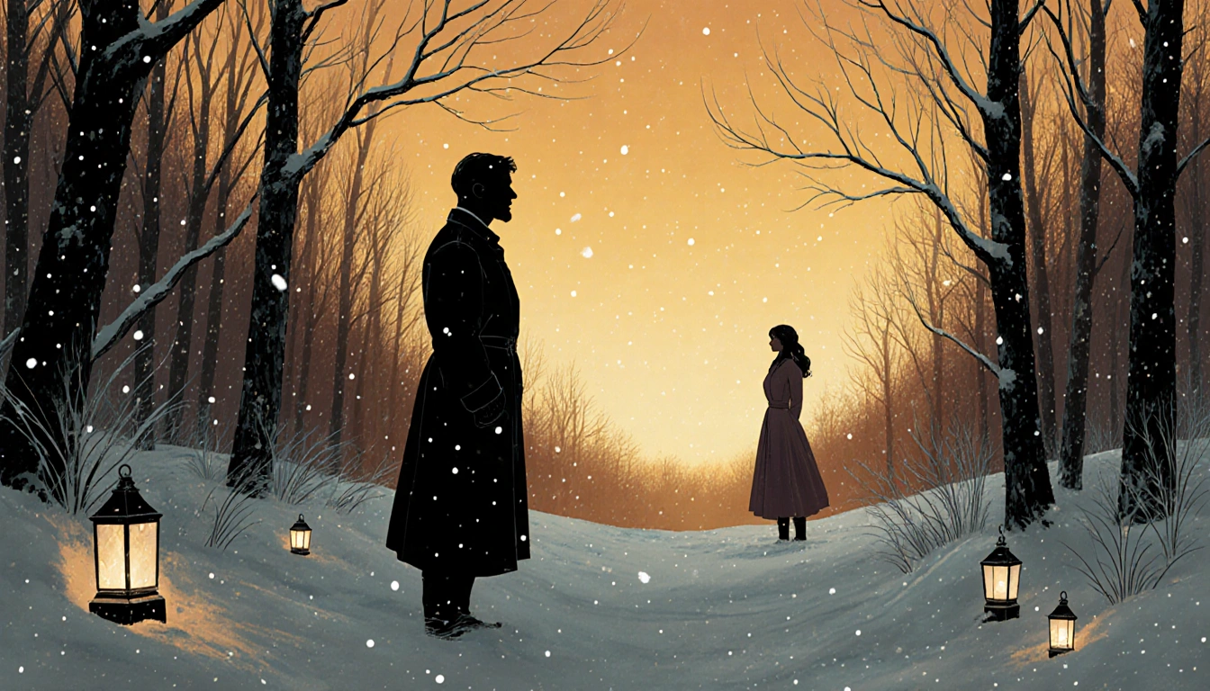 Parson Brown standing alone in a snow-covered forest gazing longingly at a distant silhouette with a warm golden dusk sky