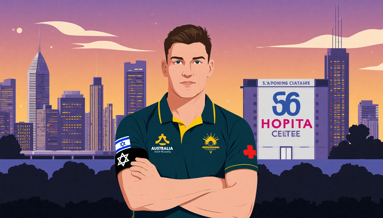 Pat Cummins holds a bat bent wearing a armband with Israeli flag pattern standing before sunset skyline with hospital