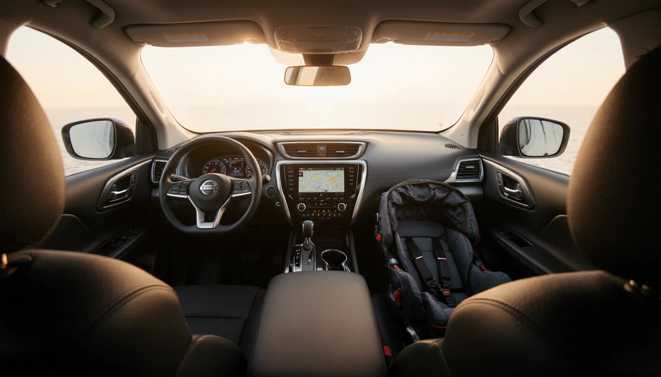 Nissan Pathfinder dashboard illuminating infotainment screen with golden light and stroller in backseat for family‑friendly t