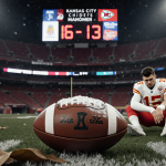 Patrick Mahomes sits on turf with a casted arm and a football beside him and scoreboard reads 16‑13 with faded Chiefs logo