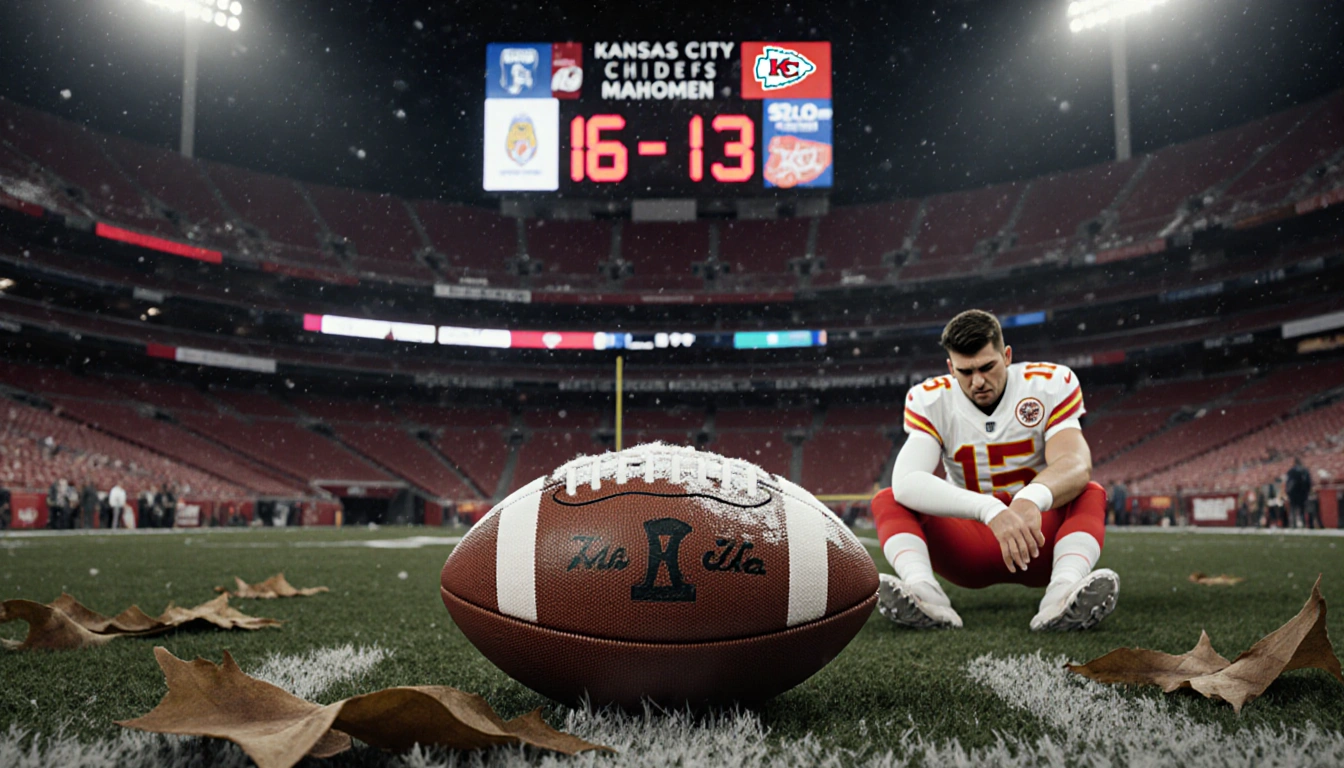Patrick Mahomes sits on turf with a casted arm and a football beside him and scoreboard reads 16‑13 with faded Chiefs logo