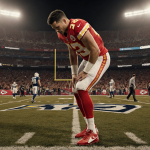 Patrick Mahomes standing with knee bent on Chiefs field in pain under golden lights while fans walk away in background.