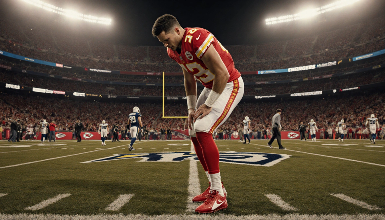 Patrick Mahomes standing with knee bent on Chiefs field in pain under golden lights while fans walk away in background.