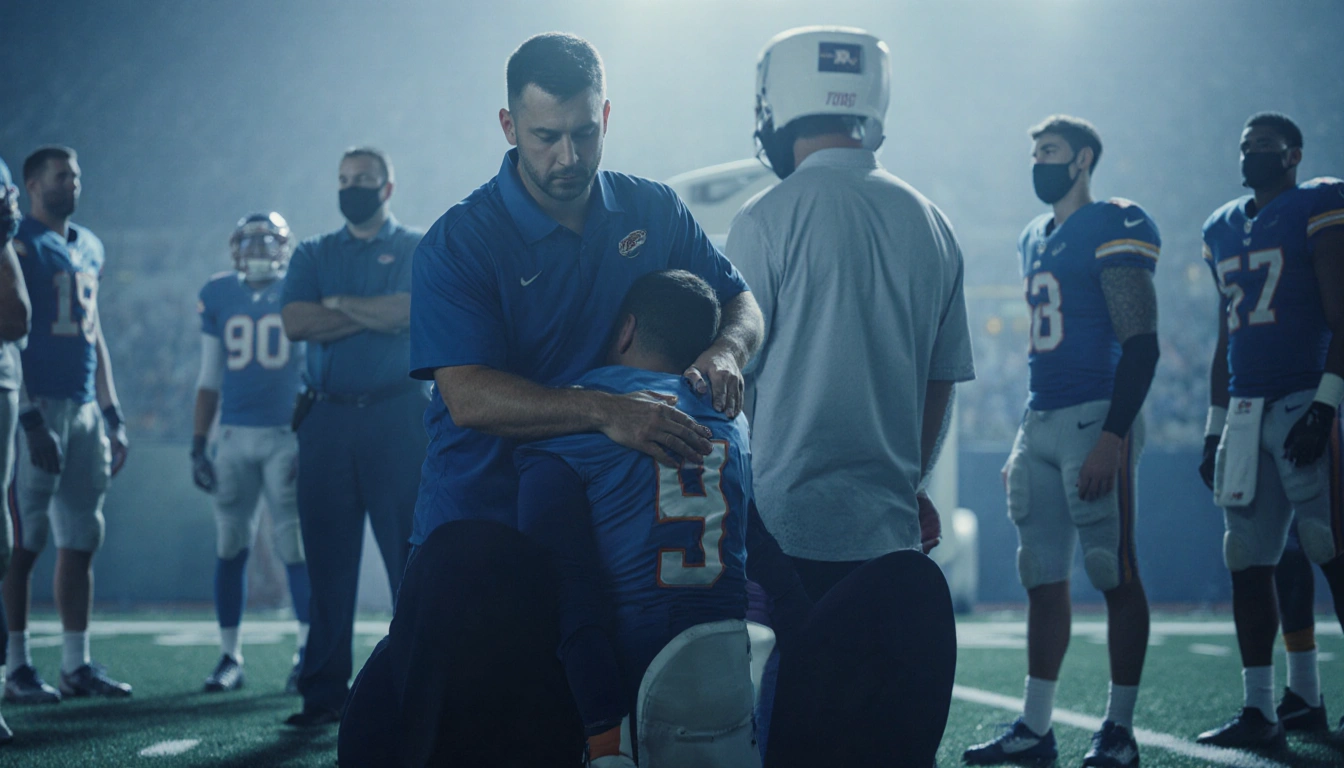 Patrick Mahomes sits on a football field with Chris Jones hugging him and teammates and medical staff in blues and greys