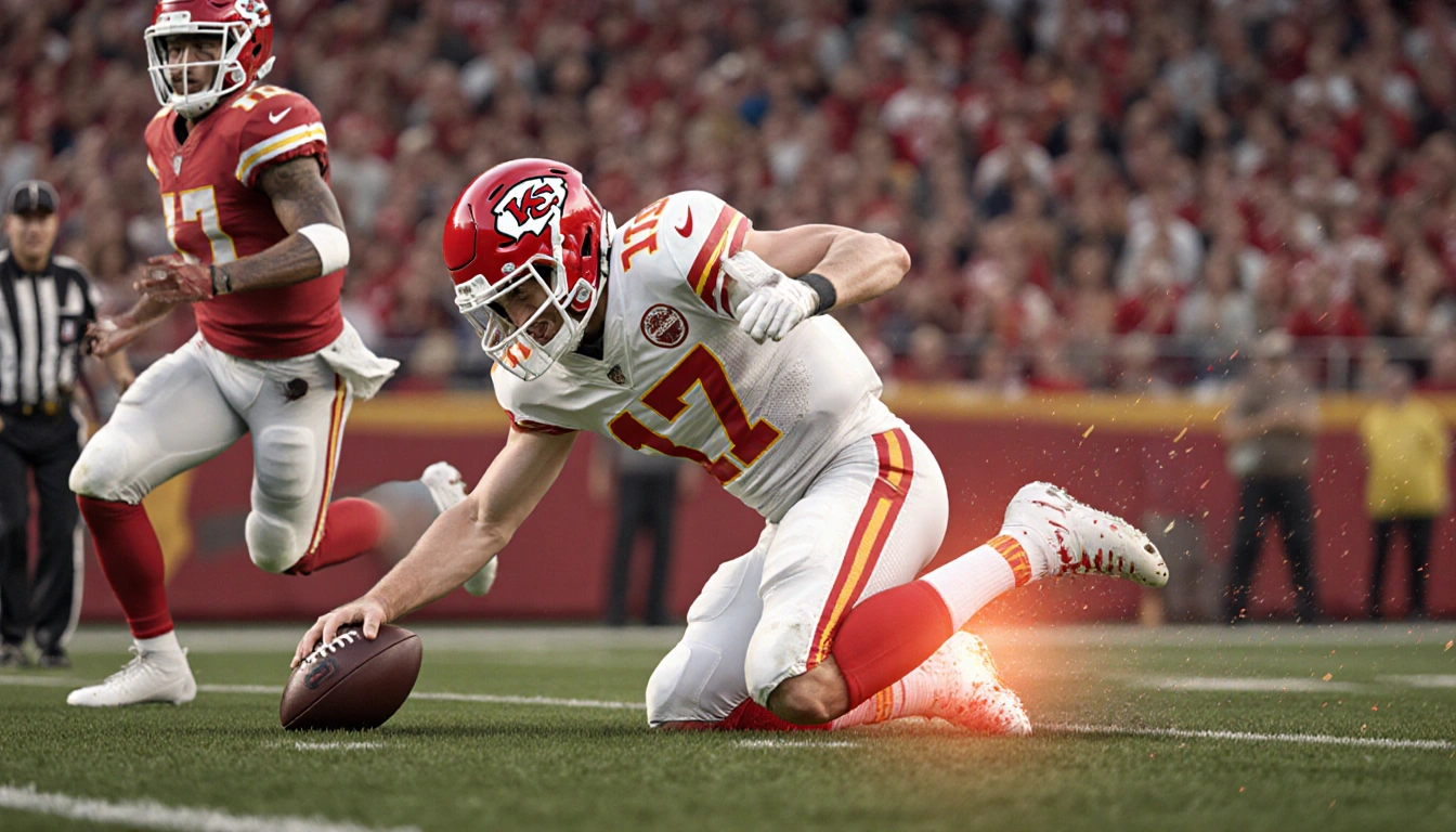 Patrick Mahomes spinning to the ground with a knee injury and torn ACL while showing pain and losing the ball