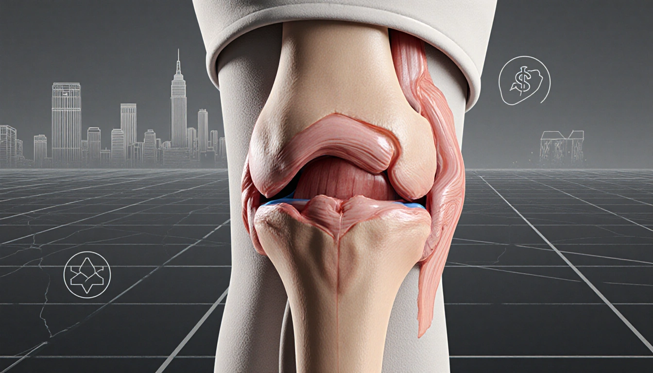 Patrick Mahomes' knee joint showing ACL and LCL tears with surgical grid and Dallas skyline background.