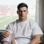 Patrick Mahomes sits holding an ice pack against his knee with a determined look and a stadium silhouette in the background.
