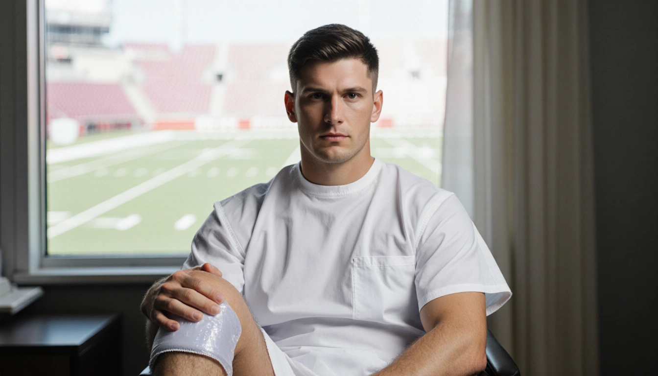 Patrick Mahomes sits holding an ice pack against his knee with a determined look and a stadium silhouette in the background.