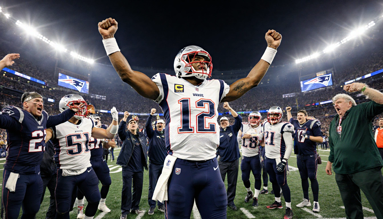 Drake Maye celebrates after a Patriots win with arms raised and teammates cheering near the Patriots logo in stadium lights