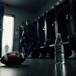 Players stare uncertainly in dim Patriots locker room with water bottle glow and Stefon Diggs waiting.